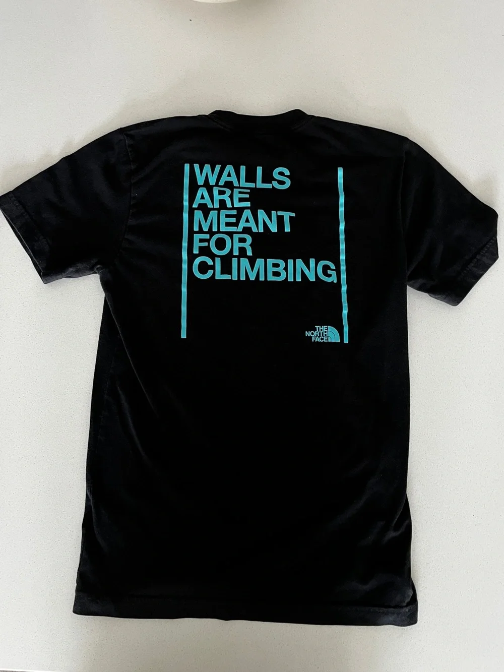 The North Face Black Tee with Teal Graphic 'Walls Are Meant For Climbing'